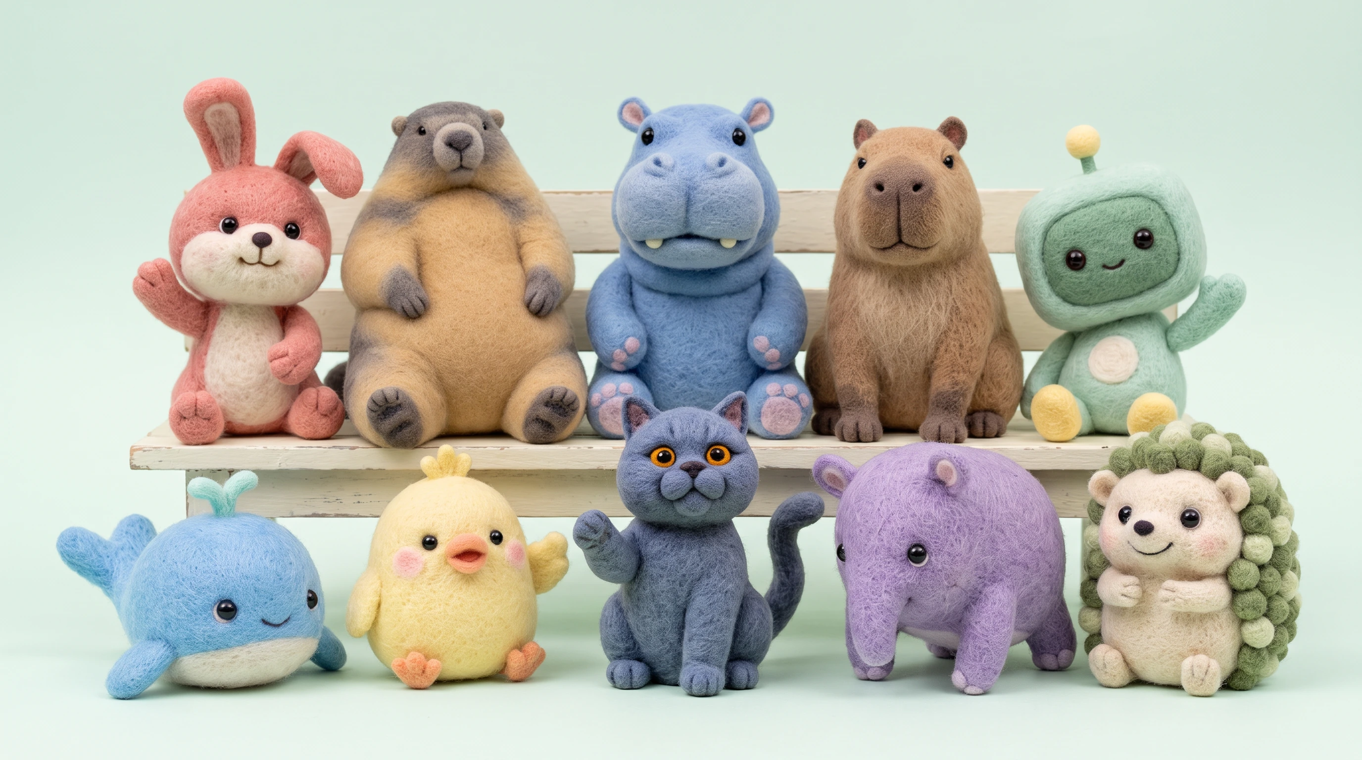 さくらを中央に、うさぎ、マーモット、青いカバ、カピバラ、ロボ、くじら、ことり、バク、ハリネズミが二列に集まったフェルトの仲間たちの記念写真